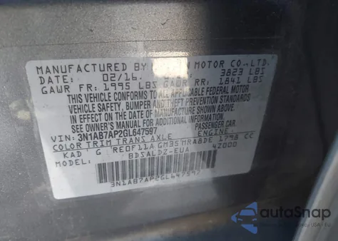 2016 Nissan Sentra Fe+ S/S/Sl/Sr/Sv z USA, uszkodzony, nr VIN 3N1AB7AP2GL647597